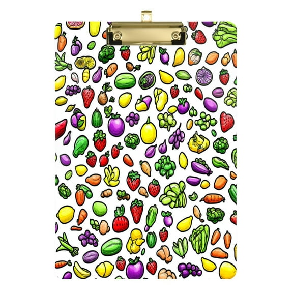 Fruits and Vegetables Pattern 12.5x9in Clipboard, Durable Acrylic with Metal Clip and Wall Hook for Office or Classroom