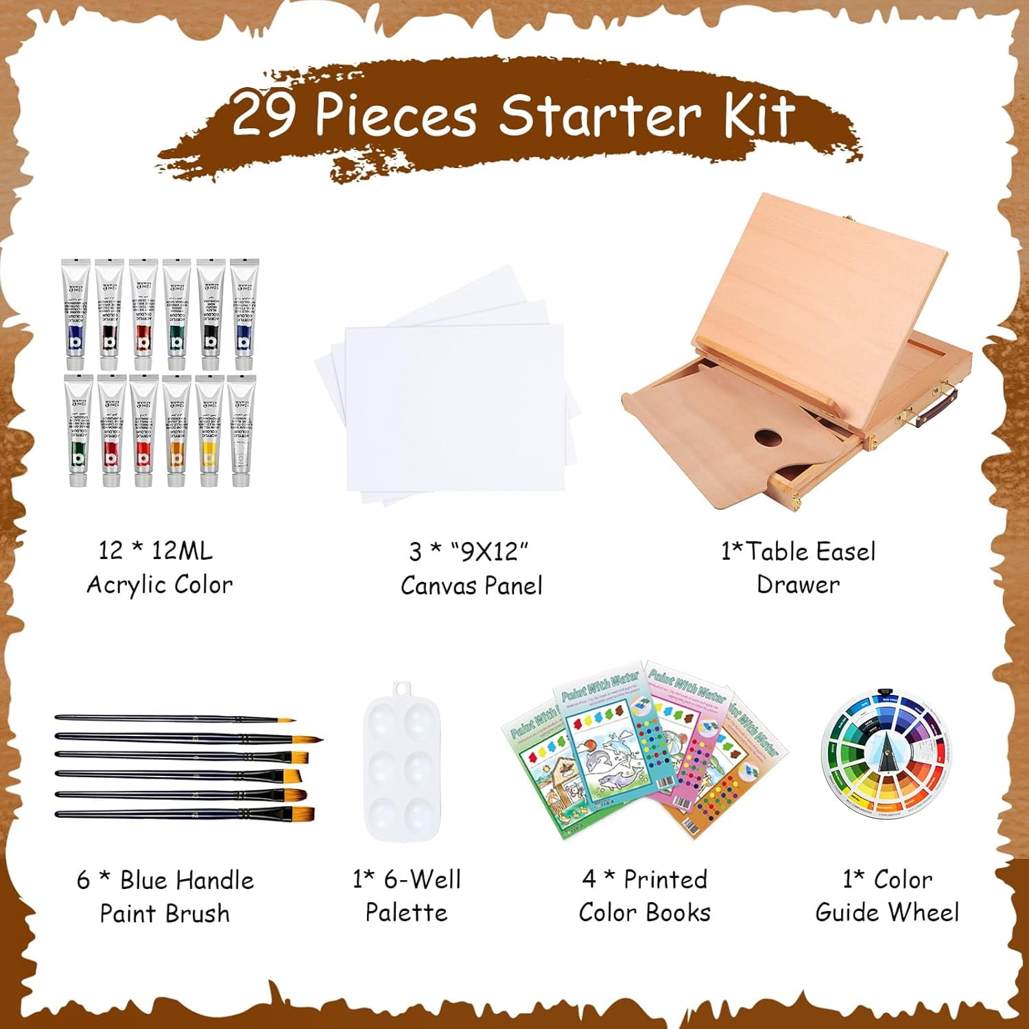 LAVFOX 29-Piece Acrylic Paint Set with Tabletop Wood Easel, Complete Painting Kit with 12 Colors, Canvas Panels, Brushes, and Palette for Artists, Gift Set