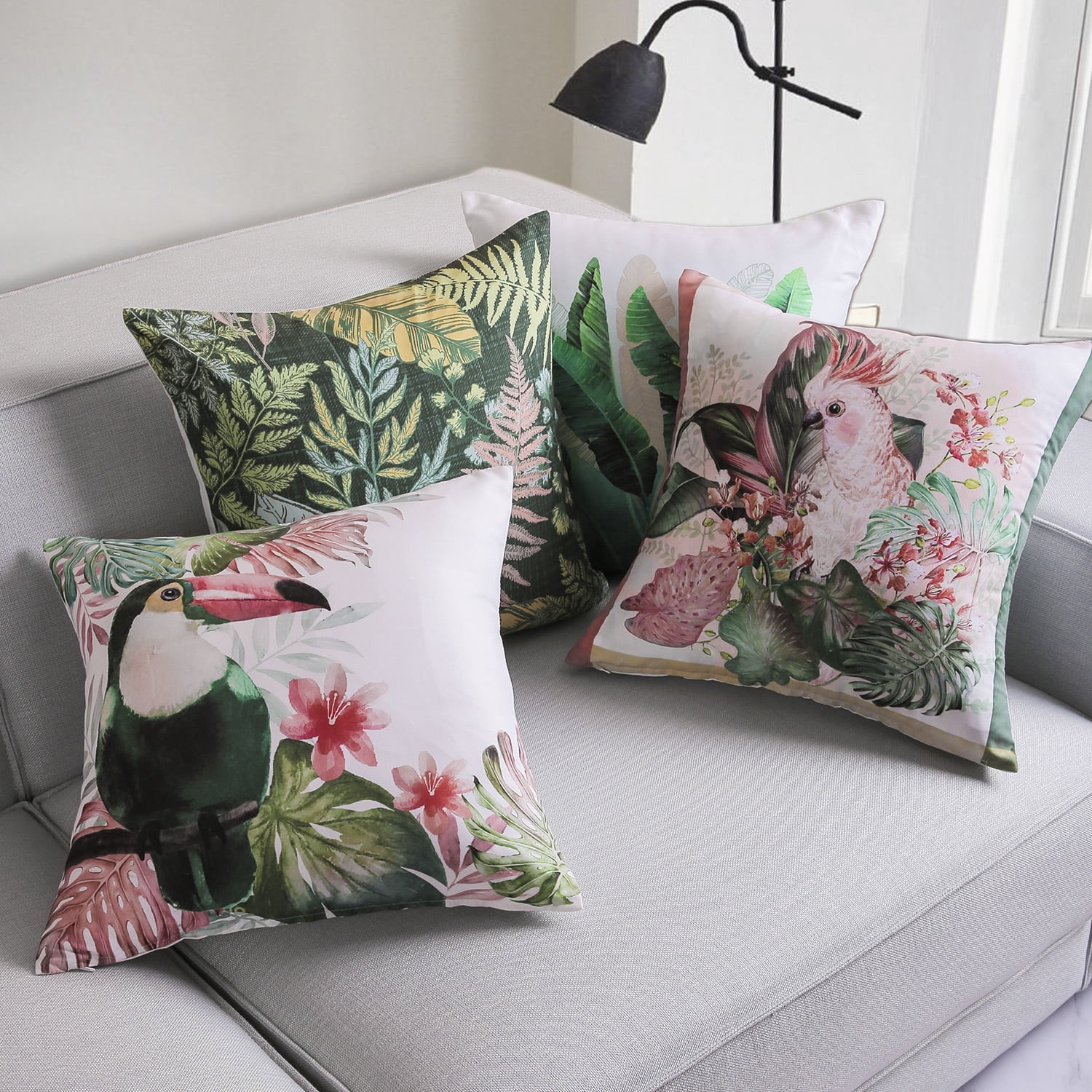 Phantoscope Tropical Series Decorative Throw Pillow Covers, Pink Birds, 18" x 18", Set of 4
