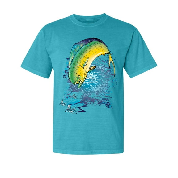Wild Bobby, Mahi-Mahi Fish Catching Small, Fish, Garment-Dyed Washed Look Short Sleeve Tees, Blue Lagoon, Small