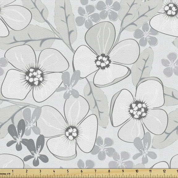 Floral Fabric by the Yard, Abstract Sketchy Hand Drawn Garden Spring Flowers with Grey Backdrop Image, Upholstery Fabric for Dining Chairs Home Decor Accents, 10 Yards, Pale Grey White by Ambesonne