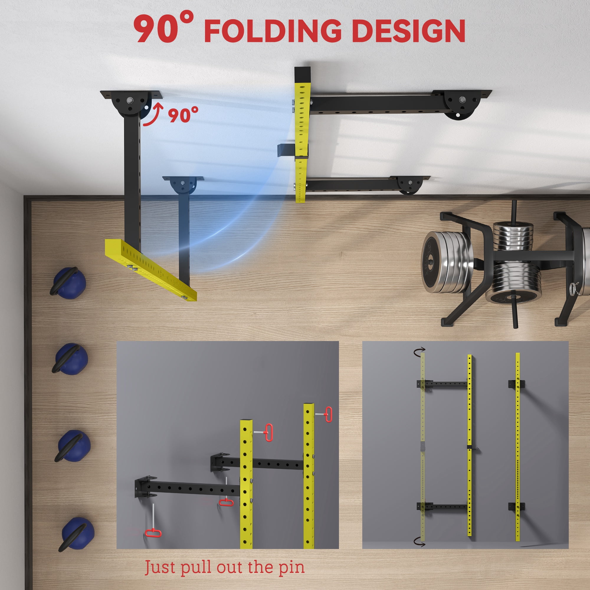 Soozier Folding Squat Rack with Pull Up Bar, Wall Mounted, 1000 Pounds Capacity Power Rack, Yellow