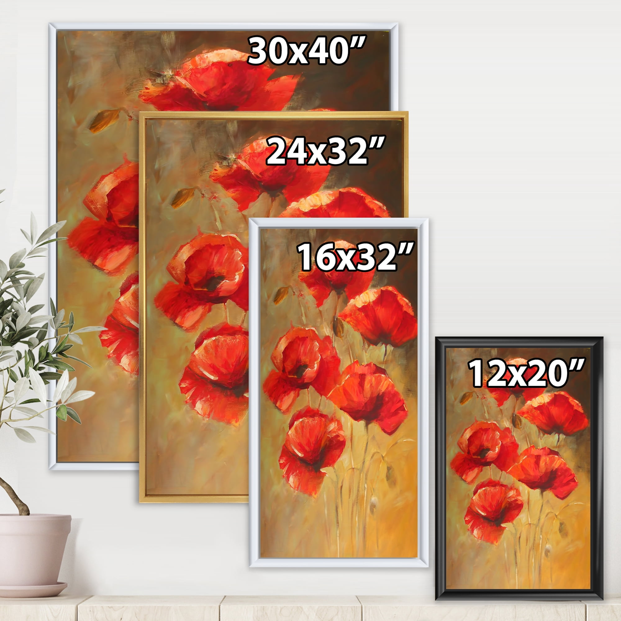 Designart 'Ancient Blooming Poppies II' Traditional Framed Canvas Wall Art Print