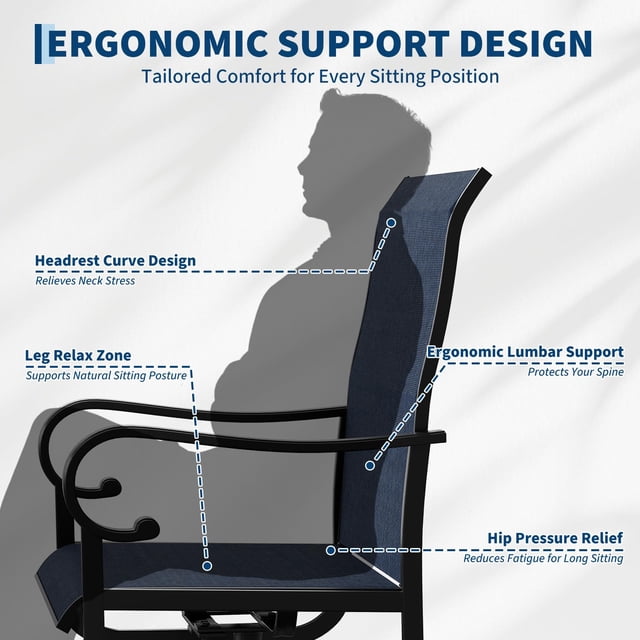 360° Swivel Rocking Patio Chairs Set – High Back, All-Weather Navy Blue Textilene, Sturdy Metal Frame – Comfortable Outdoor Garden Seating – Black Powder + Navy Blue Textilene, Set of 2