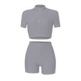 thumbnail image 1 of Ensemble de Sport 2 Pcs pour Femmes Crop Top à Fermeture Éclair Texturé Short Taille Haute Tenue de Yoga Gym, 1 of 6