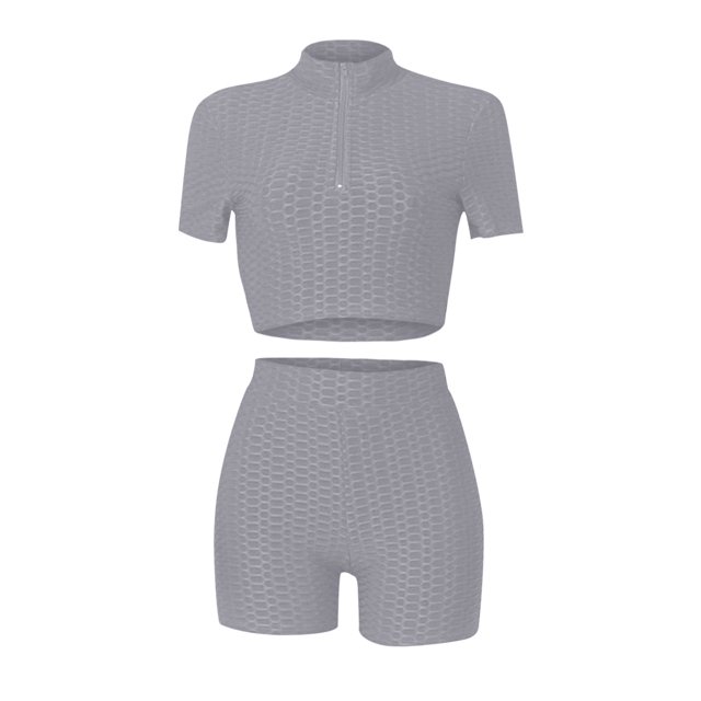 Ensemble de Sport 2 Pcs pour Femmes Crop Top à Fermeture Éclair Texturé Short Taille Haute Tenue de Yoga Gym