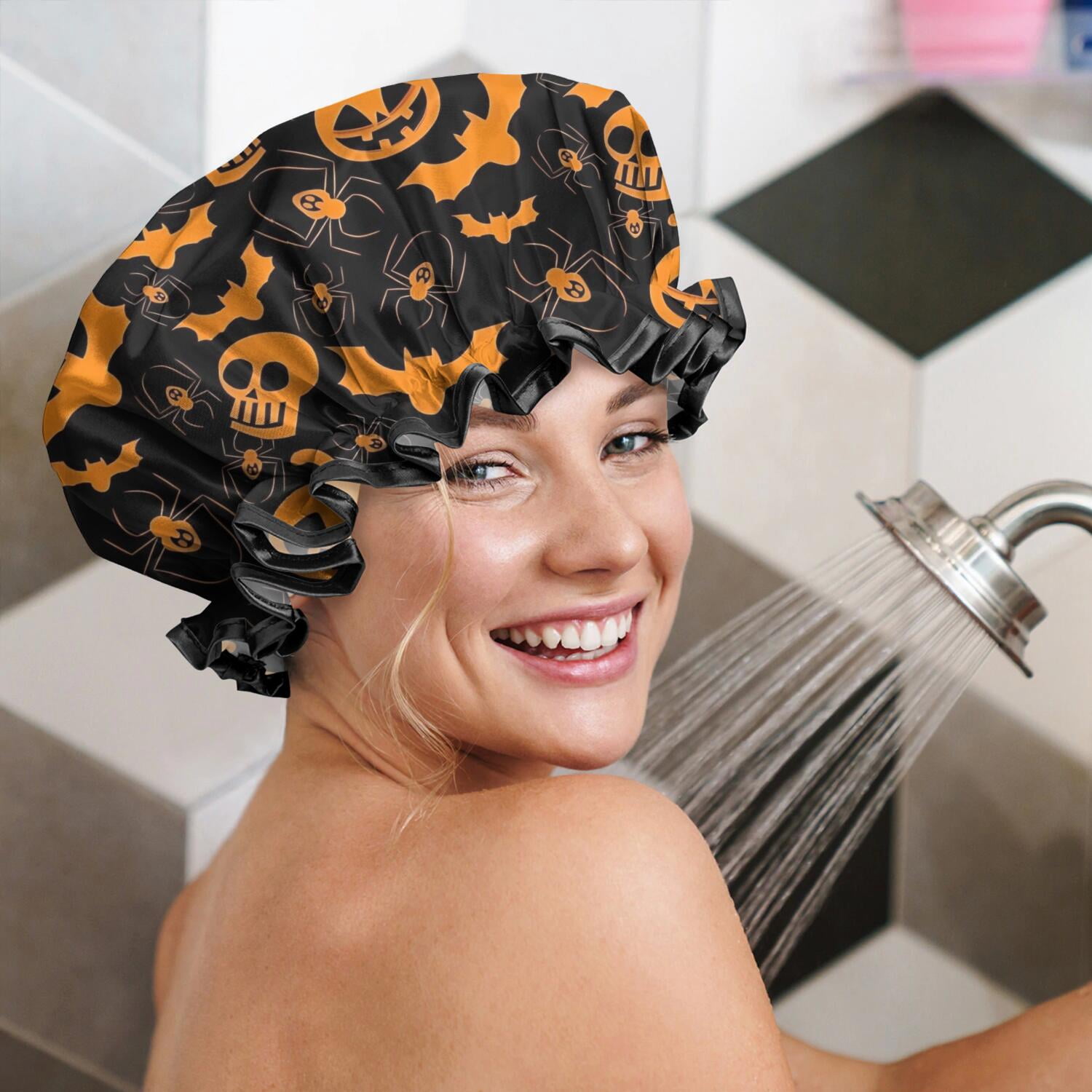 Shower Caps,Halloween Pumpkins Bats Spiders and Skulls Waterproof Shower Cap for Women 4 Pieces,Double Reusable Hair Cover for Shower PEVA Elastic Stretch Hem