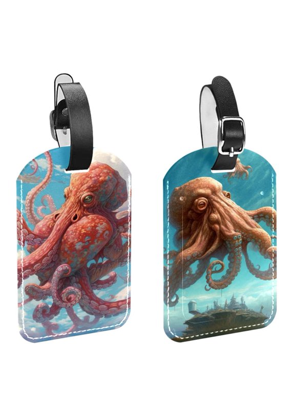 Square 2Pack PU Leather Octopus Cruise Luggage Tag with Privacy Cover and Name ID Tag for Travel Handbags Backpacks Luggage Tags