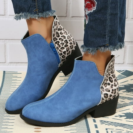 

Women‘s Chunky Heel Ankle Boots Splicing Leopard Print V-cut Shoes Zipper Round Toe Booties