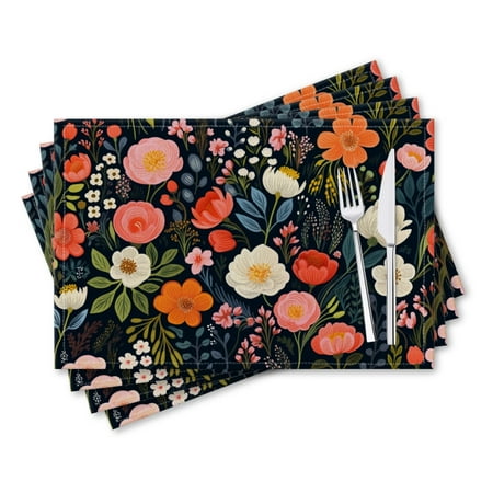 

BaHomeck placemats Set of 4 rectangle Linen Cotton Placemats for Dining Table Washable Heat Resistant 18*12inch Colorful Flowers In Various Sizes And Shapes On A Dark Background