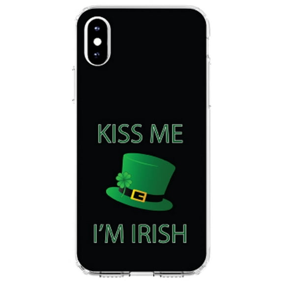 DistinctInk Clear Shockproof Hybrid Case for iPhone XS Max (6.5" Screen) - TPU Bumper, Acrylic Back, Tempered Glass Screen Protector - Black Green Kiss Me I'm Irish