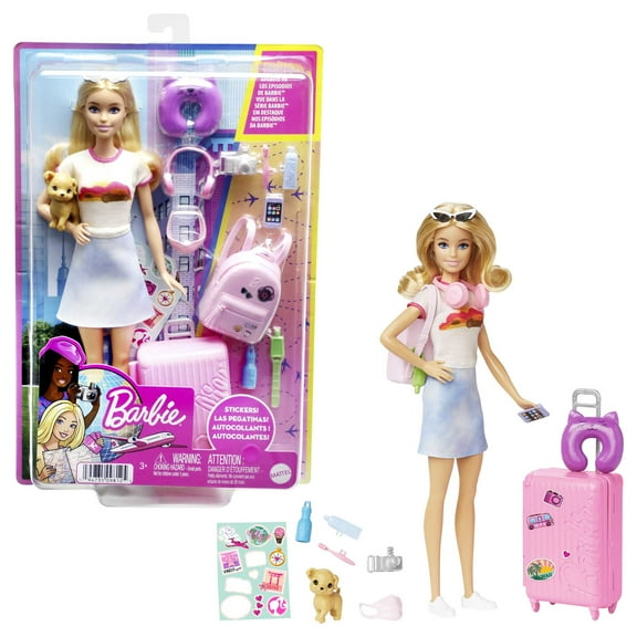 Barbie Doll and Accessories, 'Malibu' Travel Set with Puppy & Working Suitcase, 10  Pieces