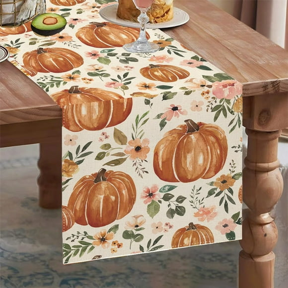 Linen Thanksgiving Table Runner with Pumpkin Maple Leaf Plaid Design for Harvest Holiday Party Decor, Autumn Kitchen Dining Table Centerpiece, Farmhouse Rustic Fall Decorations, Seasonal Home Accent