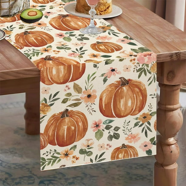 Linen Thanksgiving Table Runner with Pumpkin Maple Leaf Plaid Design for Harvest Holiday Party Decor, Autumn Kitchen Dining Table Centerpiece, Farmhouse Rustic Fall Decorations, Seasonal Home Accent