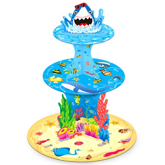 MoShining Support à Gâteau 3 Niveaux Thème Requin Sirène Décorations de Fête Fournitures Porte-Cupcake en Carton pour Enfants Garçons Adolescents Thème sous la Mer Fournitures de Fête d'Anniversaire Baby Shower