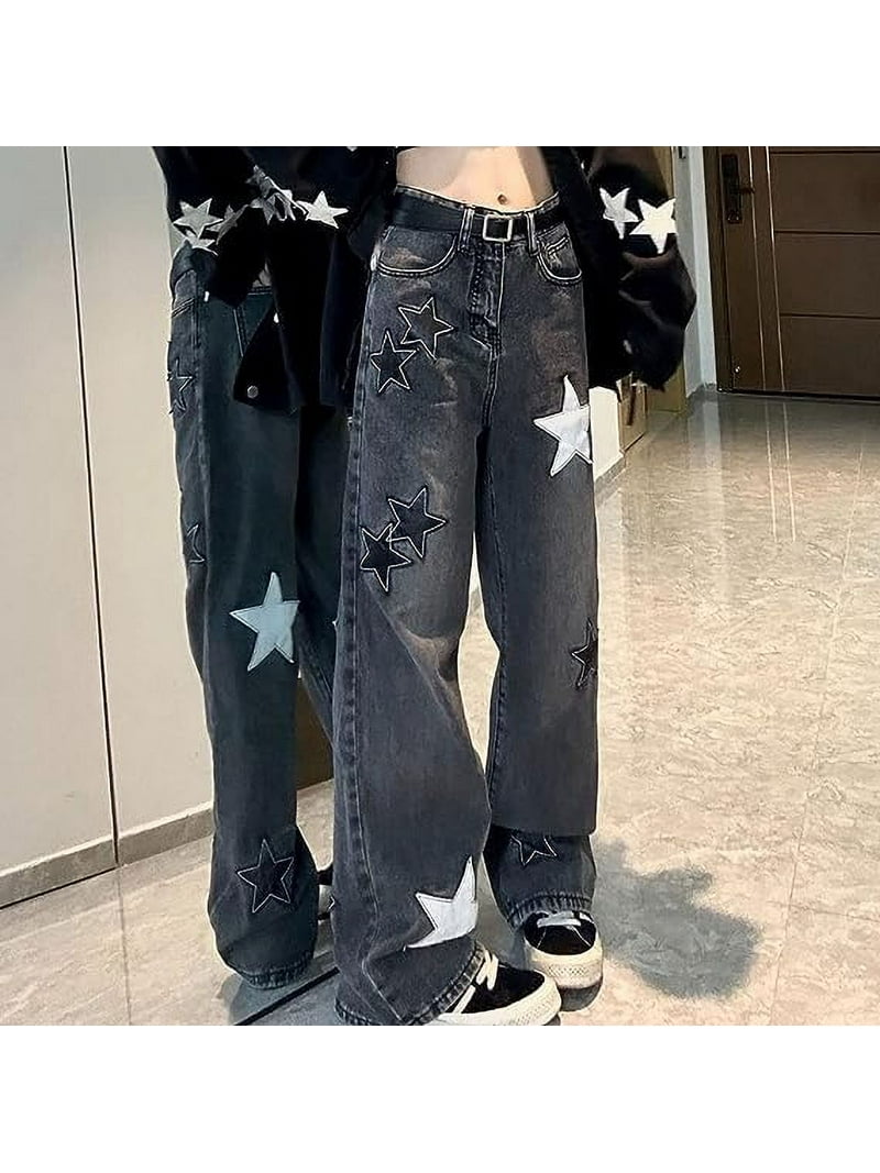 LinYooLi Y2K Baggy Jeans Star Patch Wide Leg Pants Alt Emo
