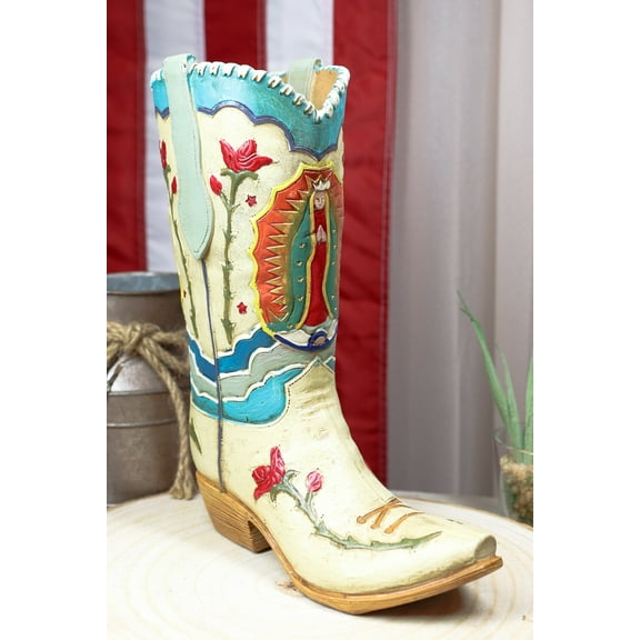 Rustic Western Colorful Our Lady Madonna Guadalupe Cowboy Boot Vase Figurine