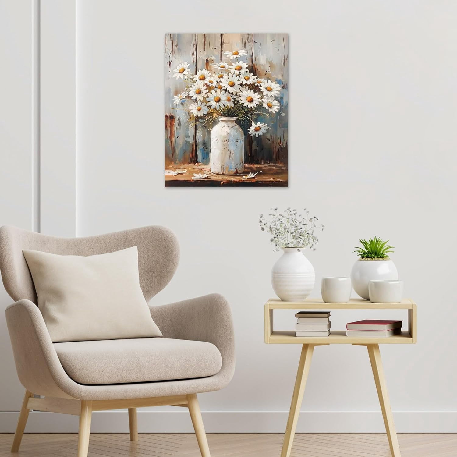 Farmhouse Teal Floral Canvas Wall Art Blue and White Daisy Flower and Butterfly on Retro Wood Pictures Wall Decor Nature Plant Framed Wall Art for Bathroom Living Room Bedroom,16L X 12W inches