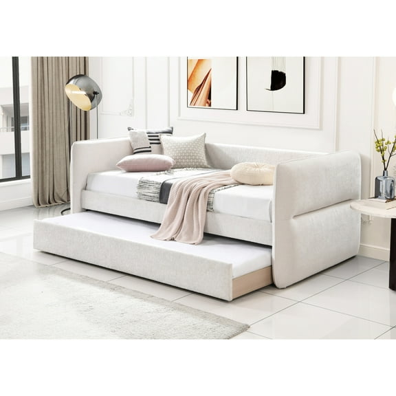 1pc Daybed With Pull-out Trundle, Button Texture, Oatmeal Tone, Solid Wood For Bedroom Modern Upholstery, Finish, Construction