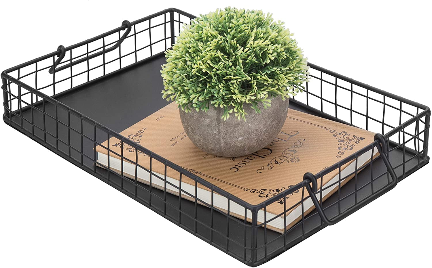 MyGift Matte Black Metal Wire Serving Tray with Handles