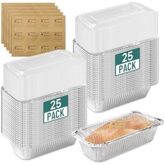 50 PCS Mini Aluminum Loaf Pans with Lids and Stickers, 7.87 x 4.33 x 2.17 Inches Small Disposable Bread Tins with Lids, Aluminum Foil Loaf Pans for Baking Cakes, Breads, Meatloaf, Lasagna