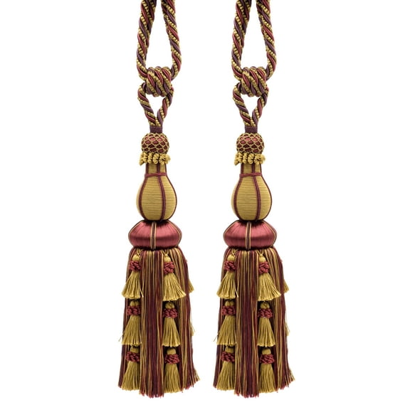 DECOPRO Large Elegant Curtain & Drapery Tassel Tieback, Tassel Length 12" (30.5cm), Spread 30" (76cm) # TBAX12, Golden Brown Beige #LX09 (Golden Beige, Dark Red, Plum Purple) Set of 2