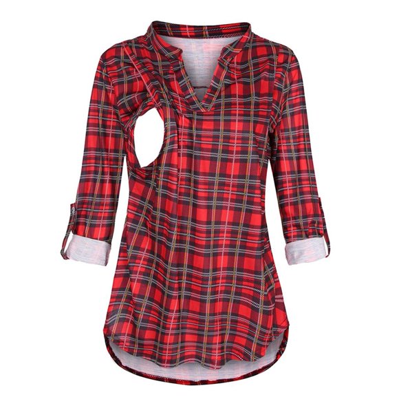 Blouse de Maternité pour Femmes à Manches Longues à Carreaux Chemises d'Allaitement pour l'Allaitement Haut à Col en V Confortable Design Élégant pour