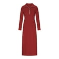 thumbnail image 4 of Hfnxid Women's Maxi Dress Slim Fit Half Zip Collar Frock Tunic Solid Long Sleeve Dress Fashion Comfy Flowy Pullover Frock With Pocket Red S, 4 of 9
