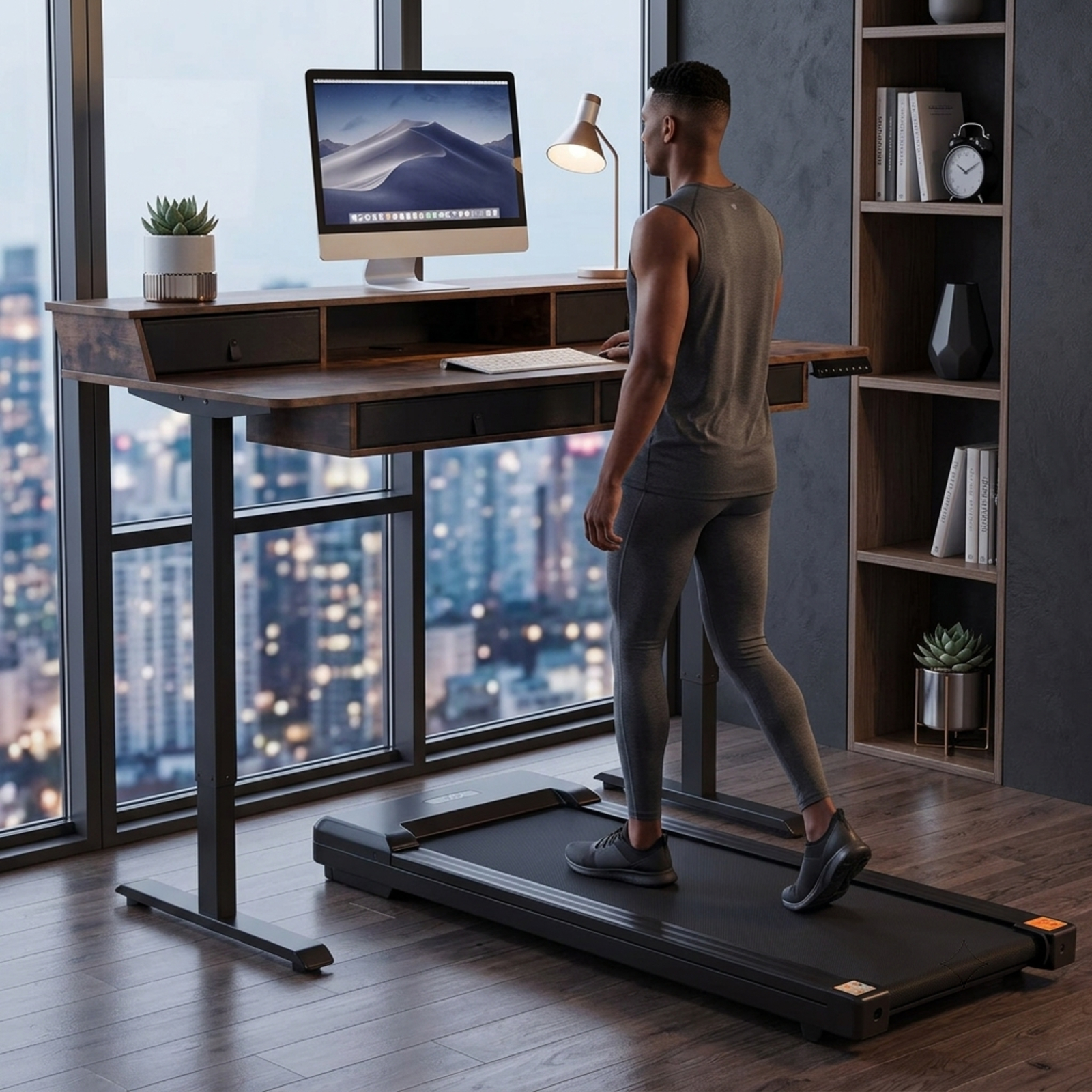 Furnibear 55 x 27 Inch Electric Standing Desk with 4 Drawers Monitor Stand Memory Presets and Cable Management for Home Office, Rustic Brown
