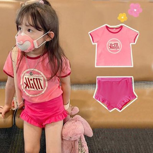Conjunto de trajes de 2 piezas para niña, camiseta corta de manga corta estampada a la moda de algodón, corta para niños de 3 a 8 años de edad, rosa, 41,34-43,31 pulgadas