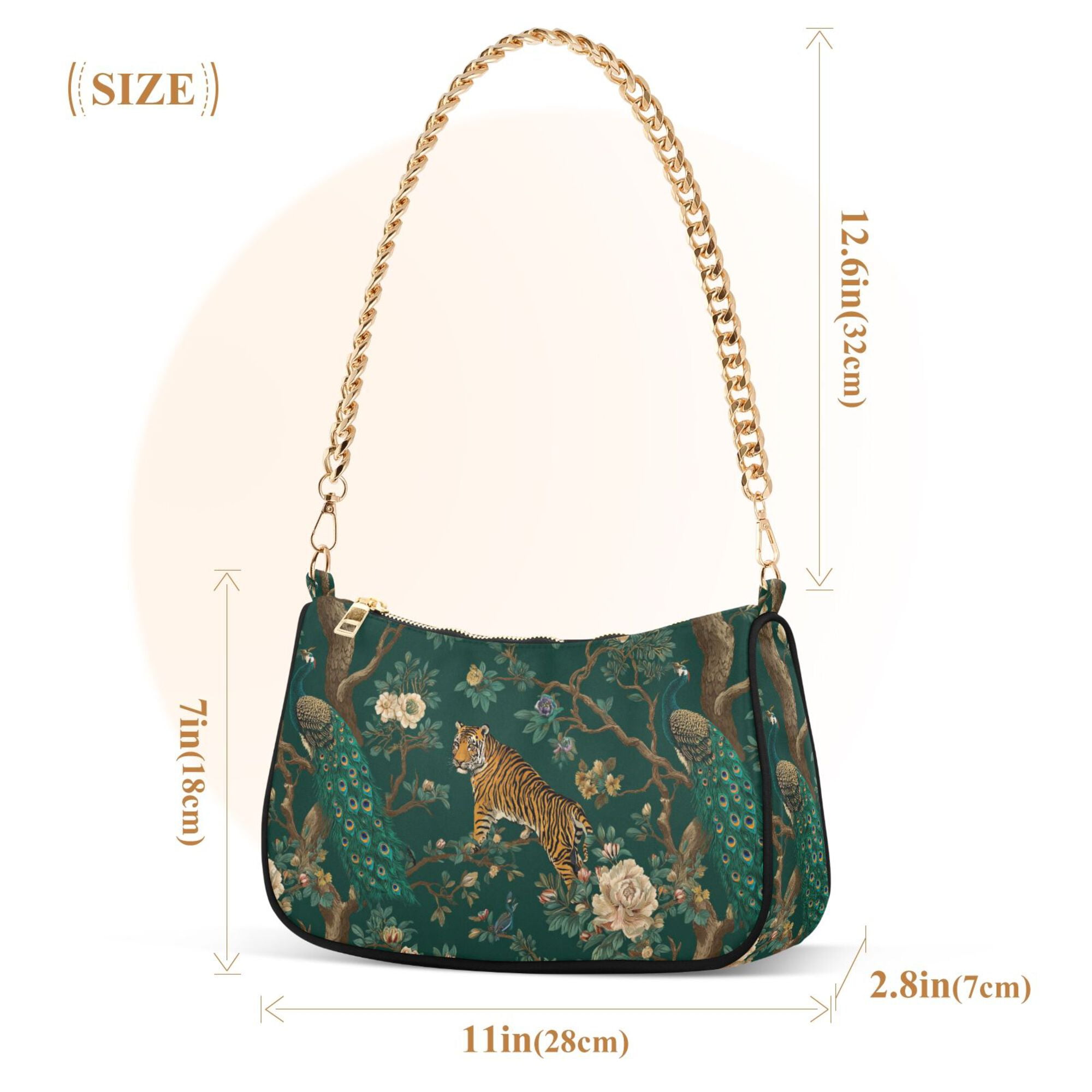 FORMRS Womens Shoulder Bag with Chain Strap Clutch Purse Cute Tote Handbag, Tiger and Peacock Pattern