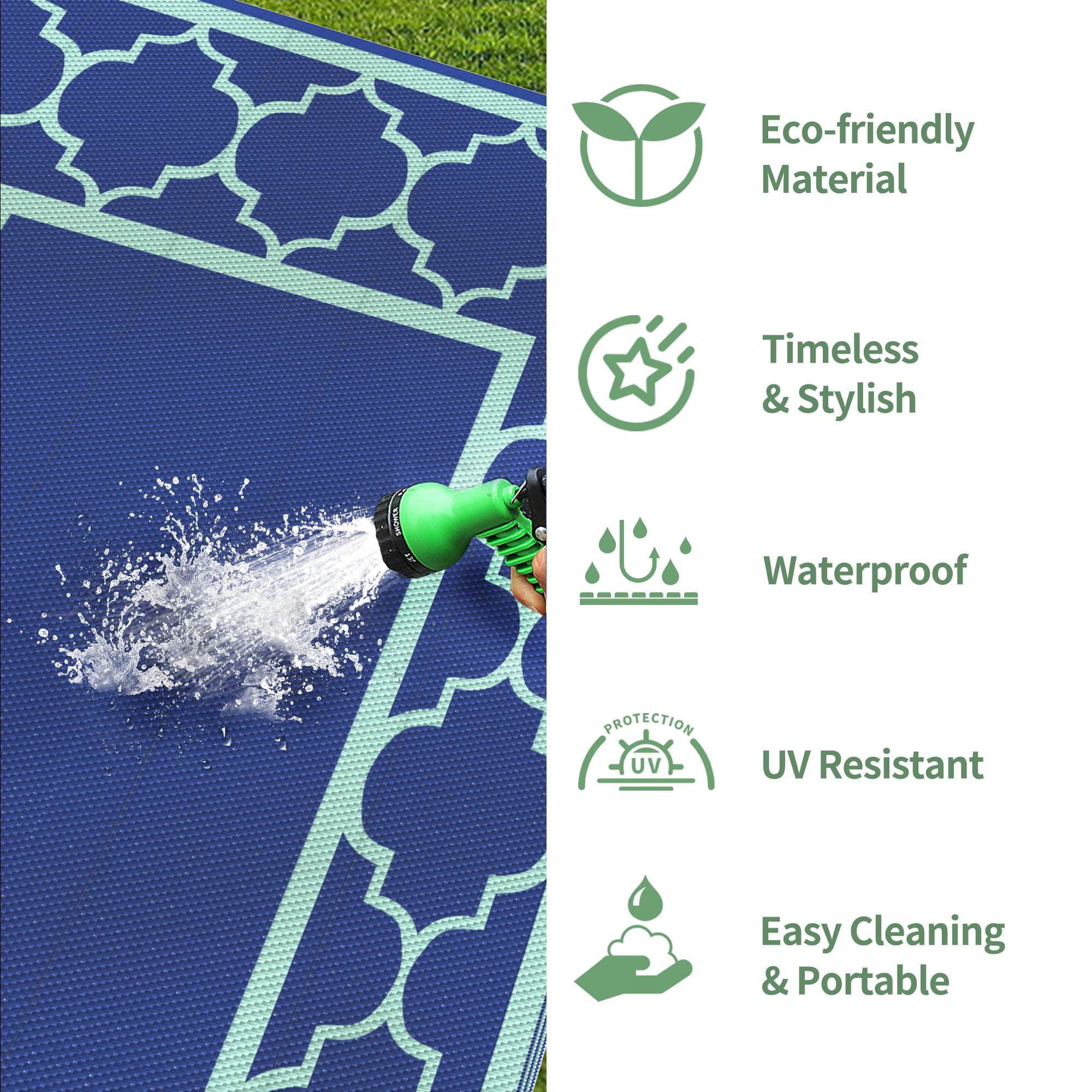 DEORAB 8'x10' Outdoor Rug Clearance Waterproof Patio Mat Reversible Plastic Camping Carpet,Royal Blue & Blue Green