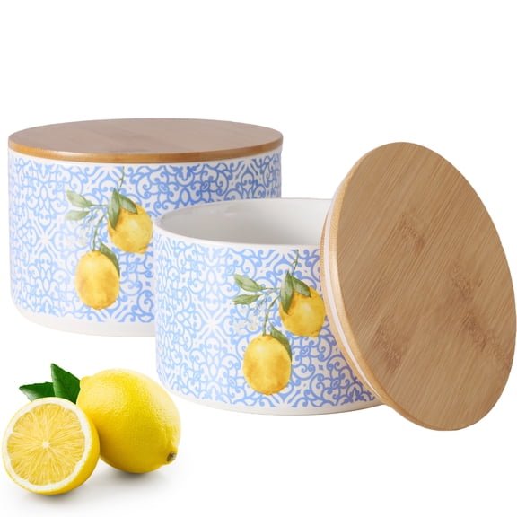 WHW Whole House Worlds Key West Lemon Storage Canisters, Set of 2, Bamboo Tops, Stoneware, Blue, White and Yellow, 6 Inches, for Coffee Tea Spices