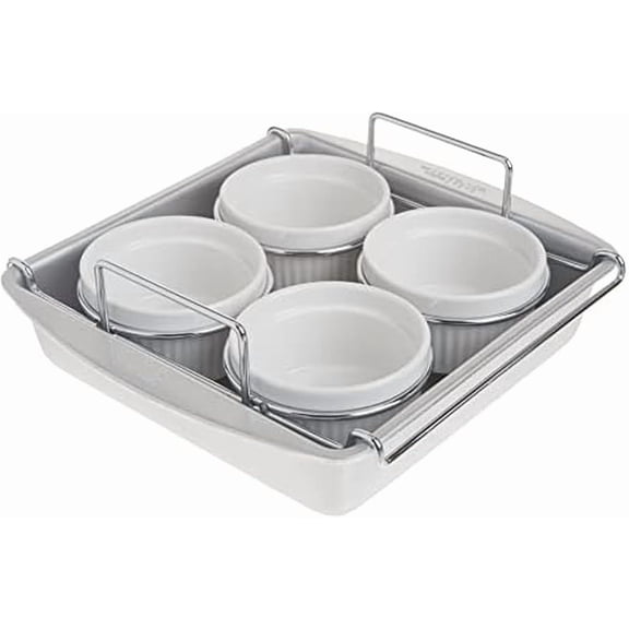 pupikeji Professional 6-Piece Creme Brulee Set with 4 Porcelain Ramekins, 8-inch Square Pan and Wire Rack