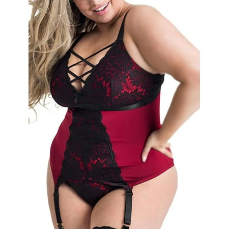 

Voguele Ladies Lingerie Sets One Piece Babydoll With Garter Belt Mini Bodysuit Deep V Women Backless Crotchless Sexy Plus Size Red XL