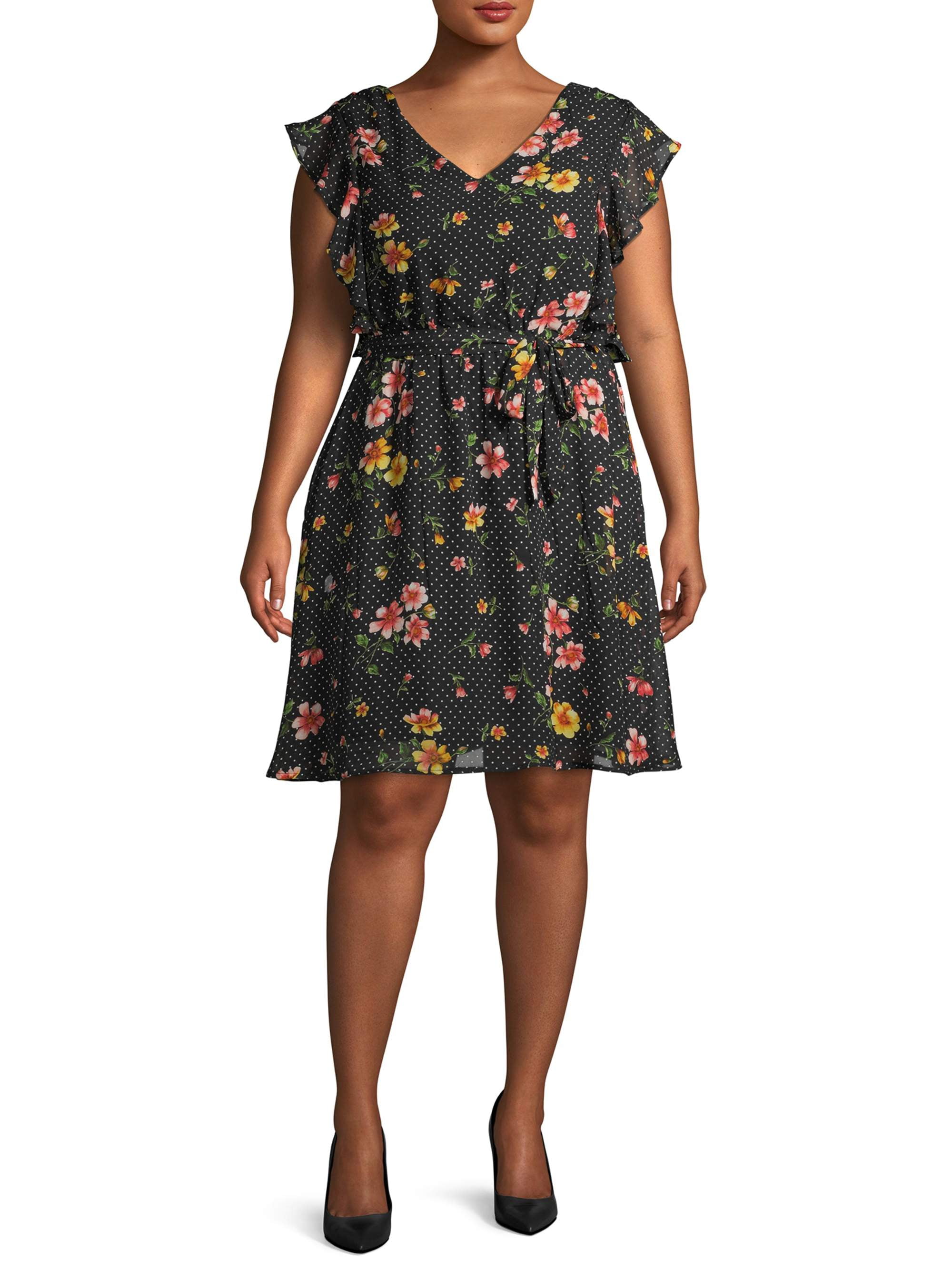 Wrapper Women's Plus Size Fit and Flare Ruffle Trim Dress - Walmart.com