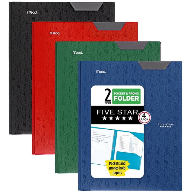 Five Star Carpetas de 2 bolsillos, paquete de 4 carpetas de plástico con pestañas fijas y sujetadores de punta, con capacidad para etiquetas de papel de 8-1/2" x 11", negro, rojo fuego, verde bosque,