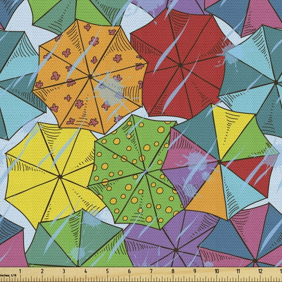 Umbrella Fabric by the Yard, Colorful Modern Abstract Funny Rainy Weather Items Water Drops Composition, Upholstery Fabric for Dining Chairs Home Decor Accents, Multicolor by Ambesonne