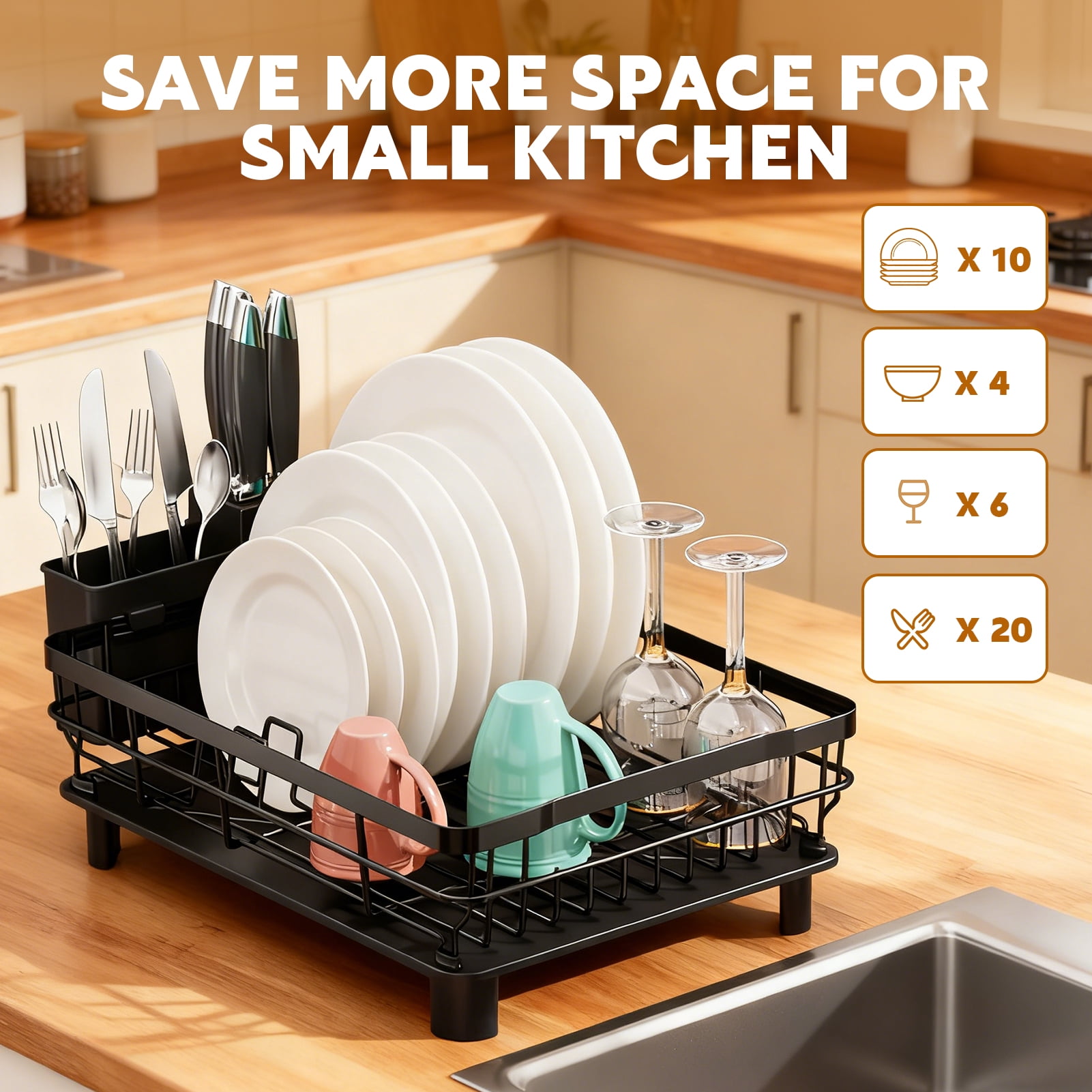 Godance Dish Drying Rack for Kitchen Counter, Stainless Steel Sink Organization and Storage with Cutlery Holder, Anti-Rust Drainage System, Apartment Essentials (Black, 14.9"L x 11"W)