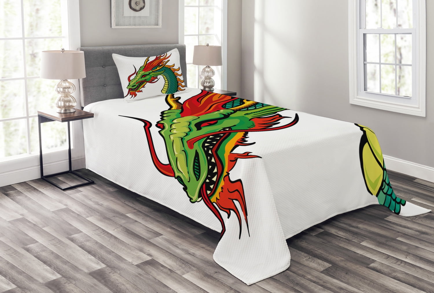 Dragon Bedspread Set Twin Size, Monster Head Portrait Traditional