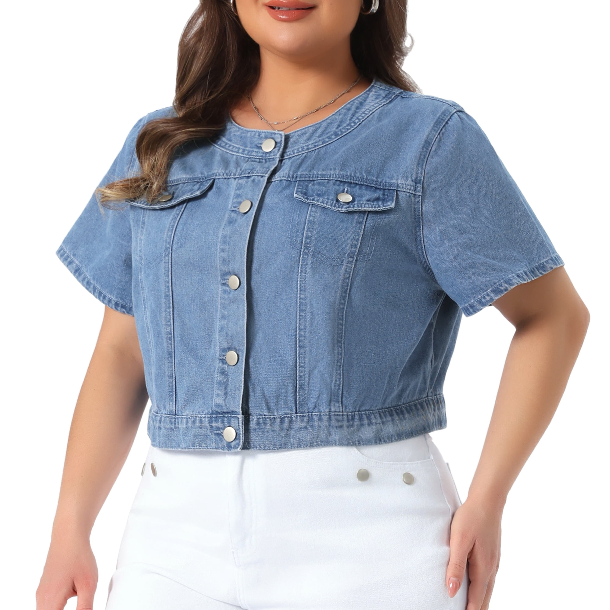 DARING DIVA Women's Plus Crew Neck Button Down Cropped Denim Vest 2X Light Blue