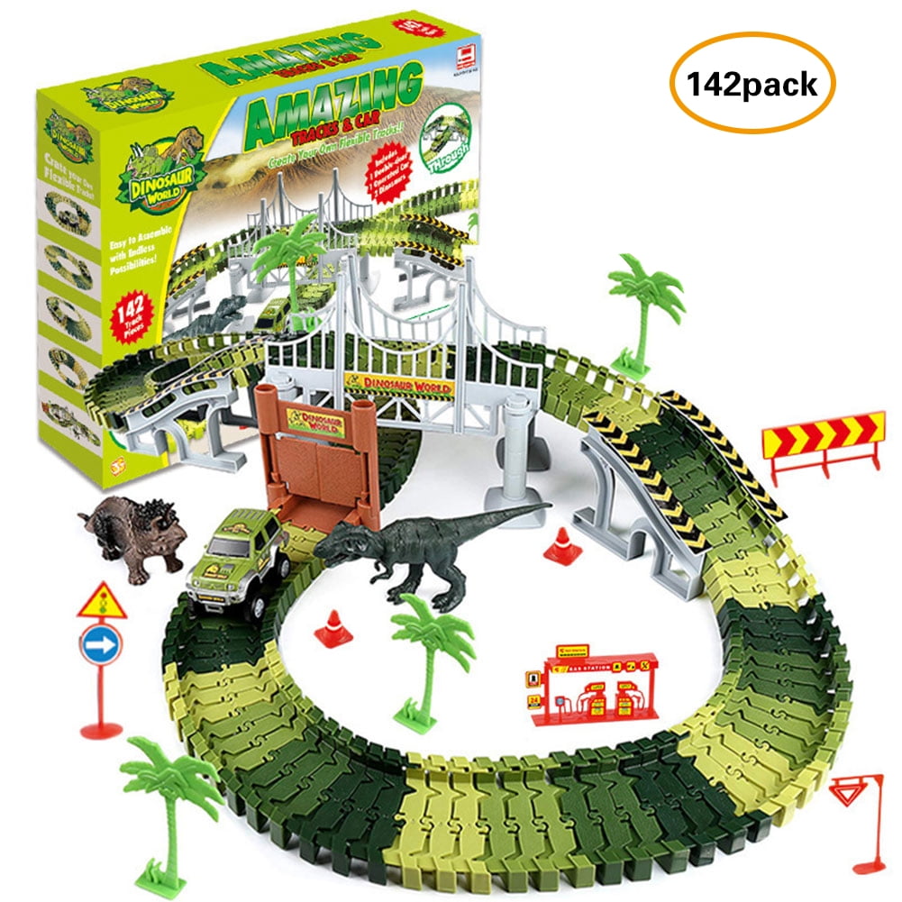 Dinosaur Toys World Car Track Set 142 Pieces Flexible Tracks Toy Set