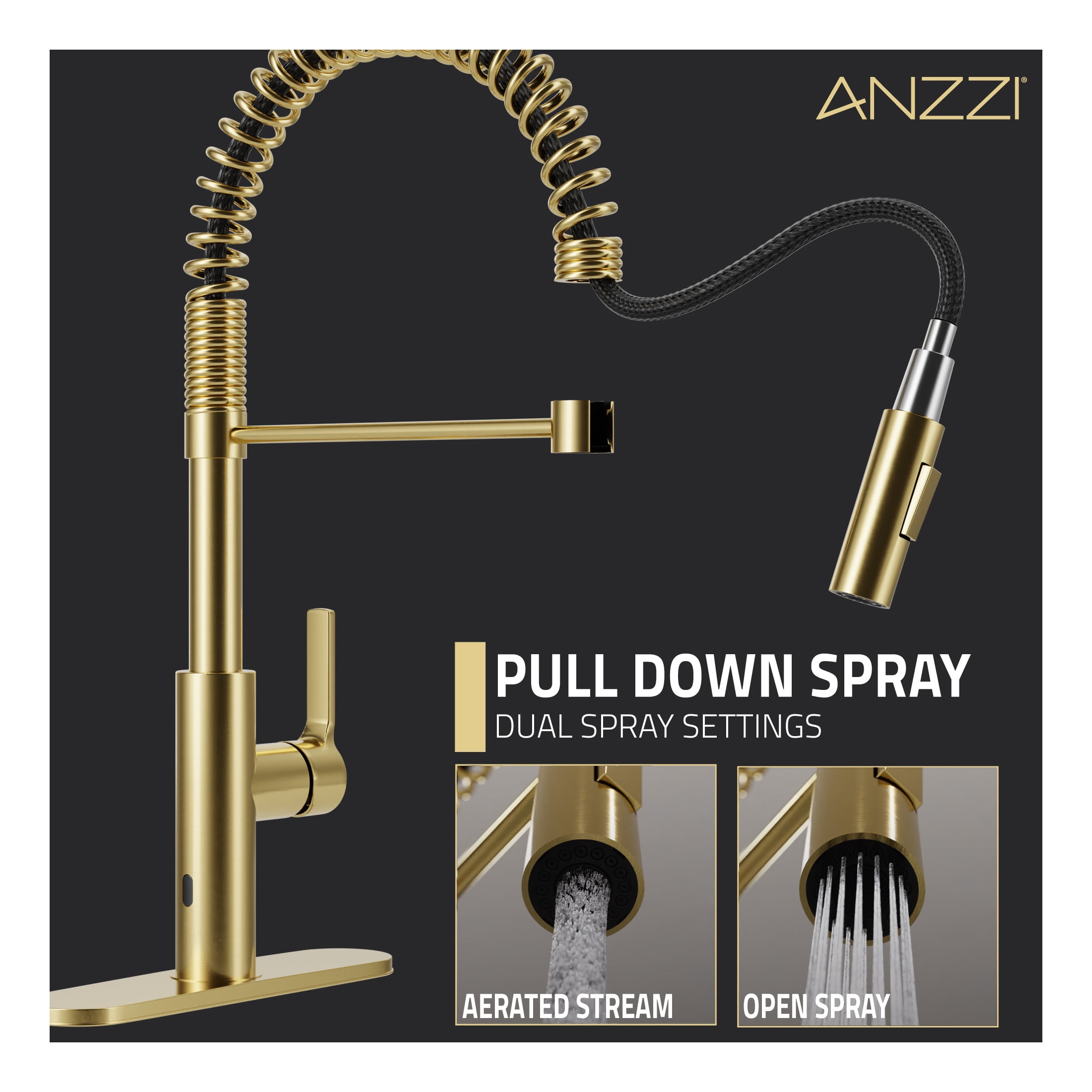 ANZZI Kitchen Faucet with Motion Sensor, Ola Hands-Free Touchless Pull-Down Sprayer in Brushed Gold