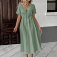 thumbnail image 4 of Summer Sun Dresses for Womens 2026 Plus Size Fashion Solid-Color Casual Short-Sleeved V-Neck Cinched Waist Thin Belt Dress, 4 of 9
