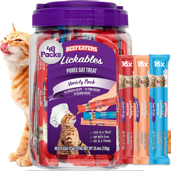 Beefeaters Wet Cat Treats Lickable 48ct Puree Variety Pack - Salmon Tuna Chicken for Hydration & Training, Grain Free Taurine Enriched High Moisture, Lickable Cat Treats & Everyday Treating
