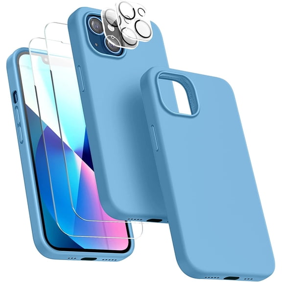[5 in 1 for iPhone 13 Mini Case, with 2 Pack Screen Protector 2 Pack Camera Lens Protector, Liquid Silicone Ultra Slim Shockproof Protective Phone Case 5.4 inch (Light Blue)
