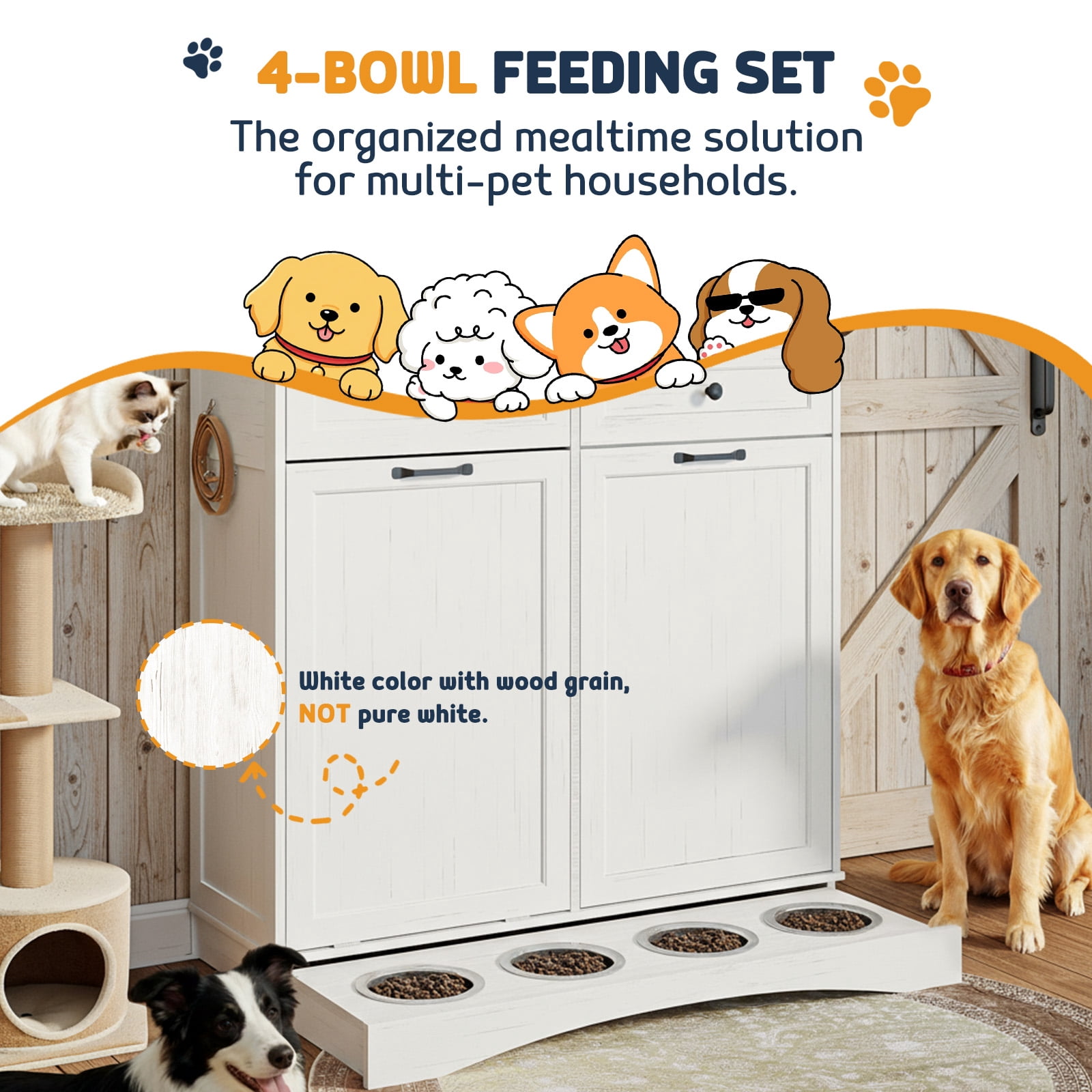 Double Tilt Out Trash Can Cabinet with Dog Bowl, 10 Gallons Dog Food Storage Cabinet, Hidden Trash Can Cabinet with Hideaway Drawer for Kitchen, Living Room (White, Double Door)
