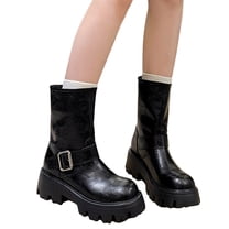 Motorcycle Boots for Women Platform Chunky Lug Sole Slip on Mid Calf Boots Vintage Leather Round Toe Riding Booties Black 6.5