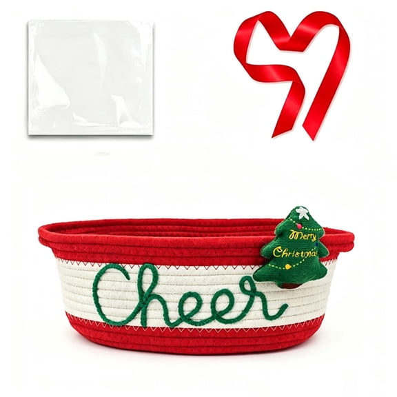 Christmas Cotton Rope Storage Basket With Embroidered Holiday Design Woven Organization Bin for Gifts Candy Toys Table Decor Red Green 1 Count