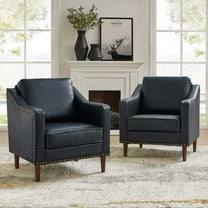 Upholstered Accent Chair Faux Leather Armchair Set of 2 Removable Cushion Lounge Sofa Nailhead Trims Solid Wood Legs Living Room Navy